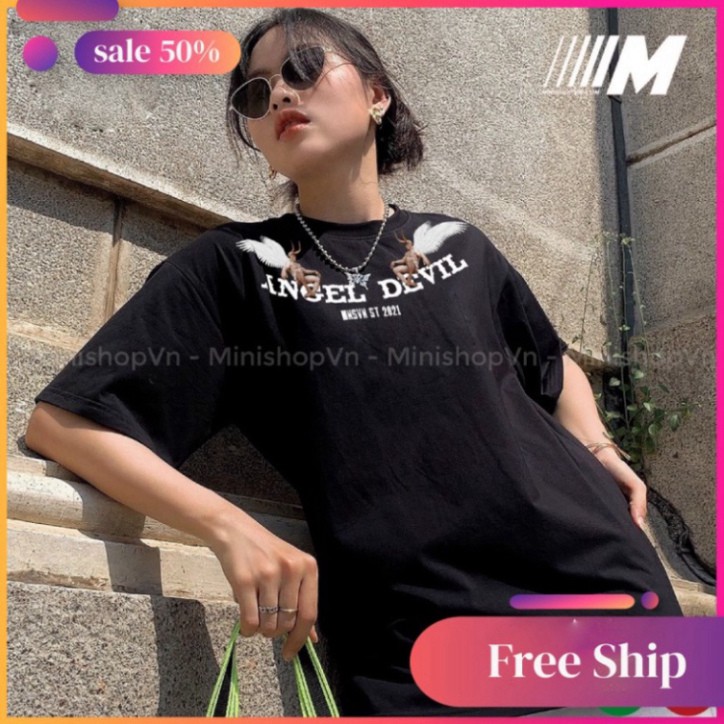 Áo thun tay lỡ form rộng Unisex Angel Devil, áo phông tay lỡ Nam Nữ A26 | BigBuy360 - bigbuy360.vn