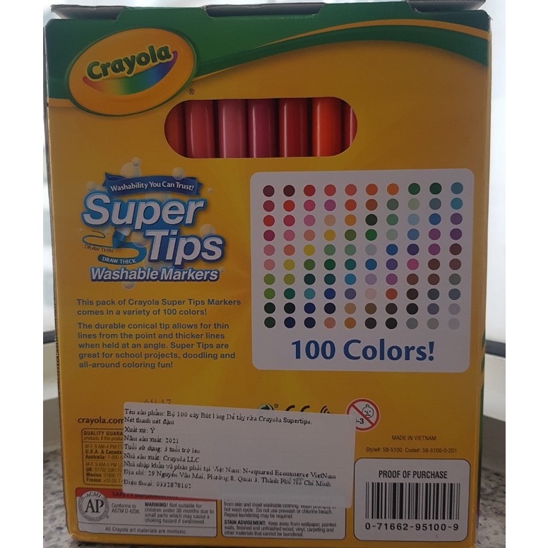 Bút lông màu, bộ 100 cây bút lông dễ tẩy rửa Crayola Supertips. Nét thanh nét đậm