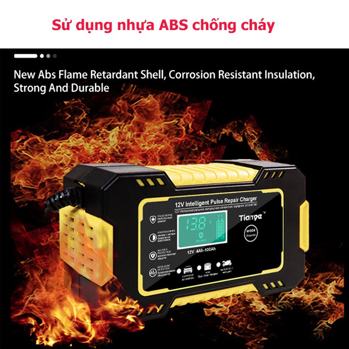 Sạc bình acquy 12V 6A TIANYE tự ngắt khi đầy chức năng bảo dưỡng phục hồi ắc quy bằng khử sunfat chống ngược cực