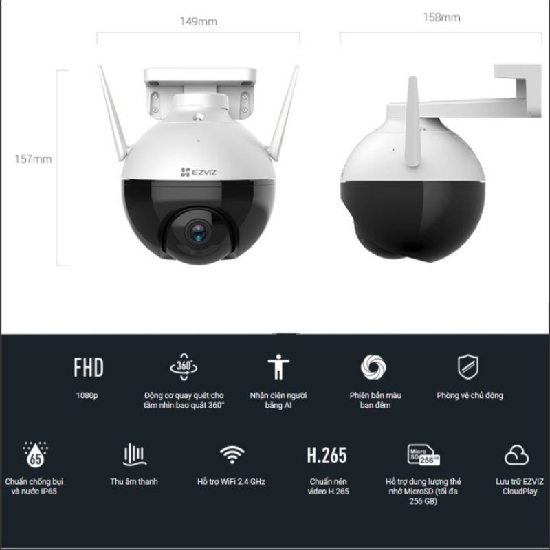 Camera WiFi ngoài trời Ezviz C8C 2.0Mpx ghi hình màu ban đêm, Full HD, quét 360 độ, tích hợp công nghệ AI thông minh