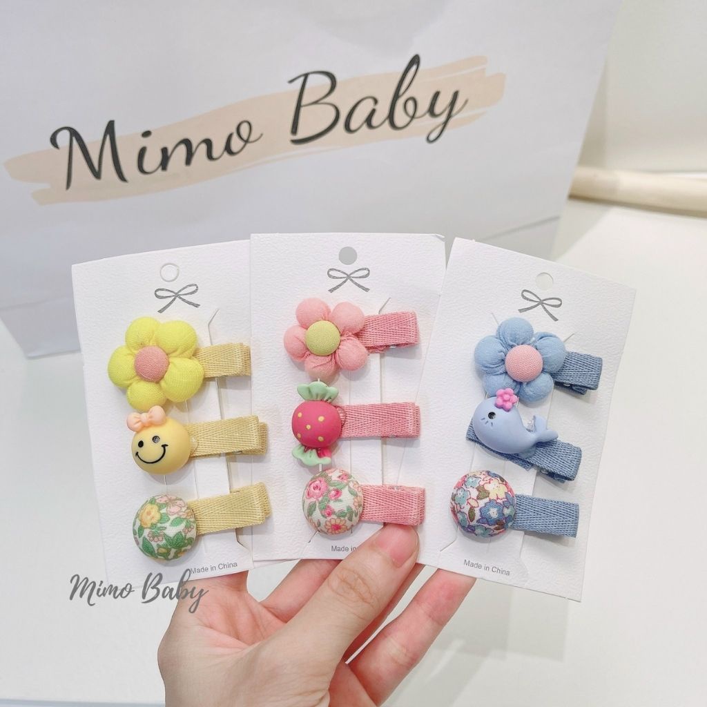 Set 3 kẹp tóc bọc vải gắn hình hoa dễ thương cho bé gái KT33 Mimo Baby