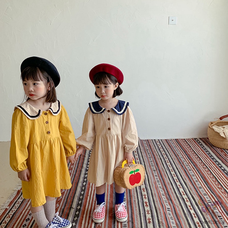 Đầm Bé Gái Tay Dài Cổ Thủy Thủ Phong Cách Hàn Quốc