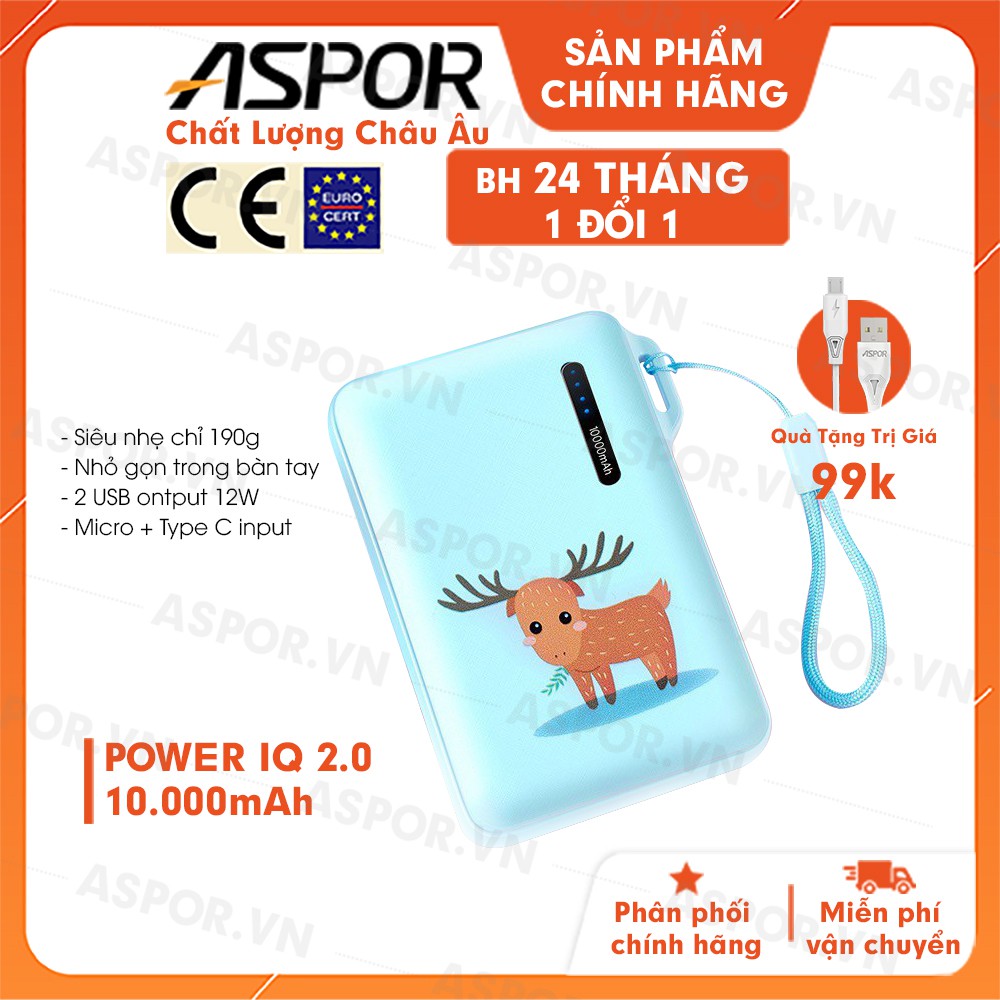 Pin sạc dự phòng ASPOR 10000mAh/37Wh nhỏ gọn in hình- A358