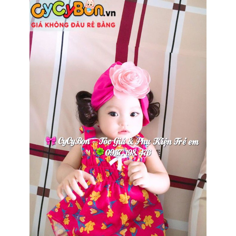 Mũ Nón Turban Tóc Giả Cho Bé Gái Màu Hồng Đậm Đính Bông Hồng Ruốc Chất Vải Cotton Co Giãn, có đủ size - kể cả bé sơ sinh