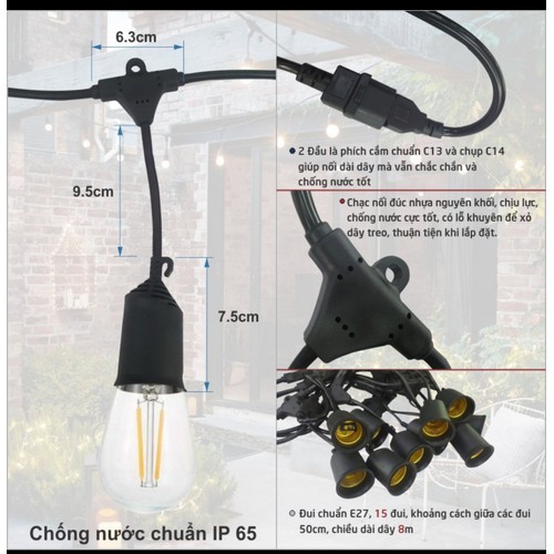 BỘ DÂY ĐÈN THẢ NGOÀI TRỜI CHỐNG NƯỚC E27 - 10 MÉT 15 ĐUI E27 TRANG TRÍ DECOR
