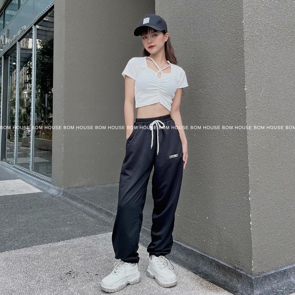 Áo Croptop Nữ Trơn Basic Dây Chéo BOM HOUSE Chất Liệu Thun Gân