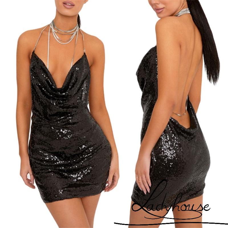 Đầm Hai Dây Hở Lưng Màu Trơn Đính Kim Sa Lấp Lánh Gợi Cảm Cho Nữ