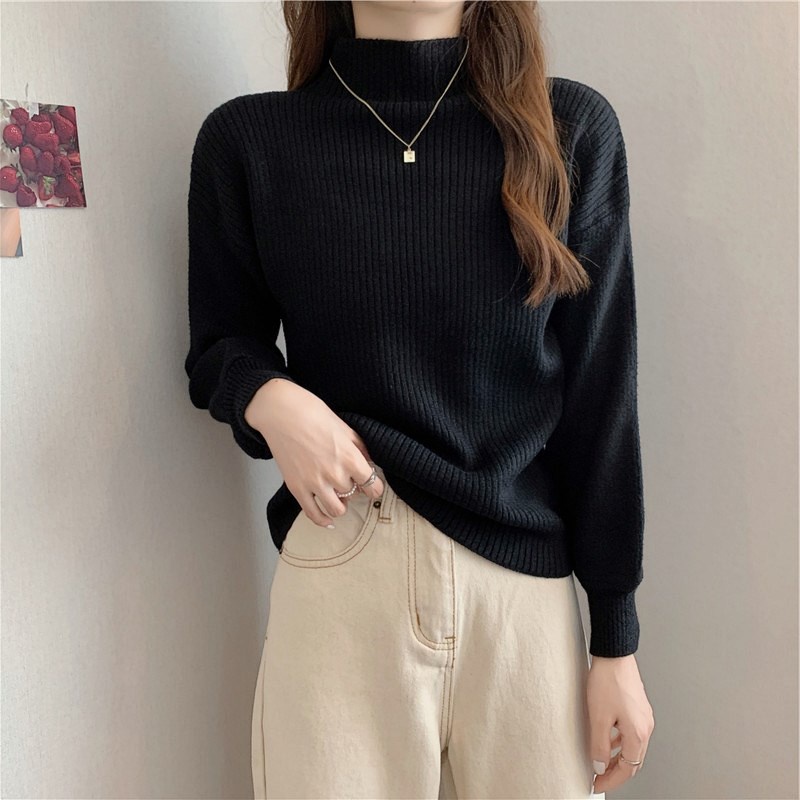 Áo dệt kim tay dài cổ cao giản đơn phong cách Hàn thanh lịch dễ phối đồ