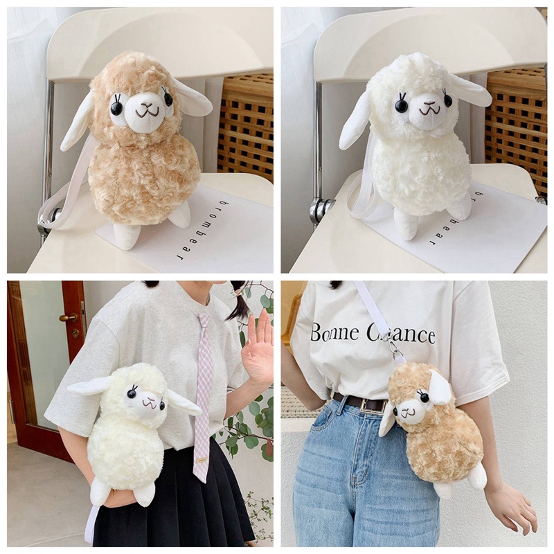 Túi Đeo Chéo Hình Lạc Đà Phủ Lông Cừu Trắng Dễ Thương Thời Trang Cho Nữ