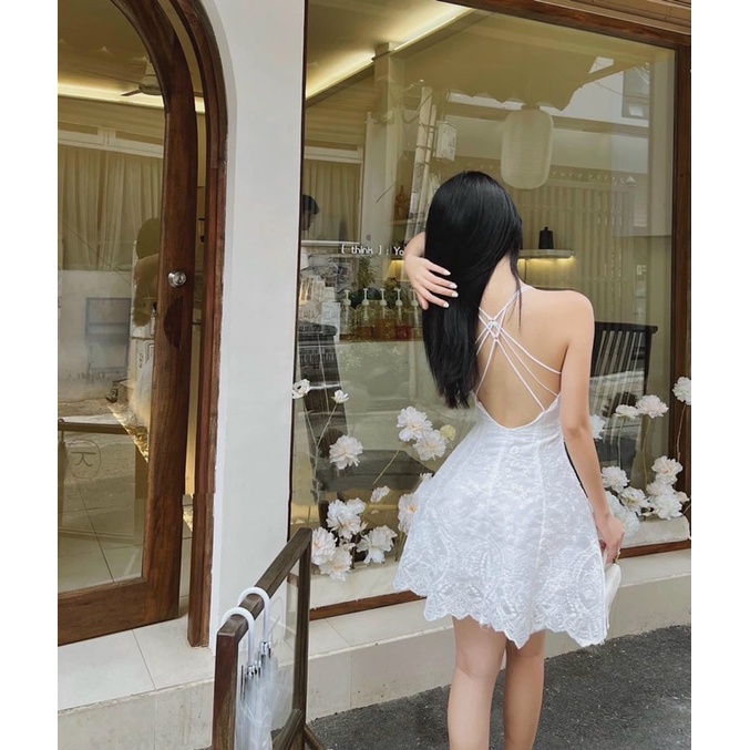 Đầm trắng ren hoa 2 dây chéo lưng cúp ngực sang chảnh [kèm hình thật]