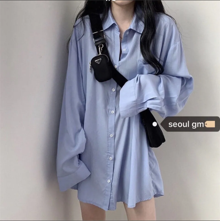 Áo Sơ Mi cổ đứng Tay Dài Dáng Rộng Màu Trơn Phong Cách Hàn Quốc cho nữ