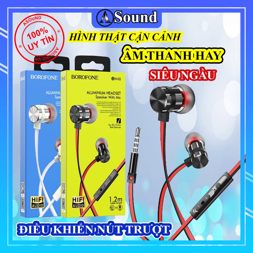 Tai nghe BOROFONE BM48 kim loại nhôm, nút trượt điều khiển âm lượng, âm thanh rất hay.
