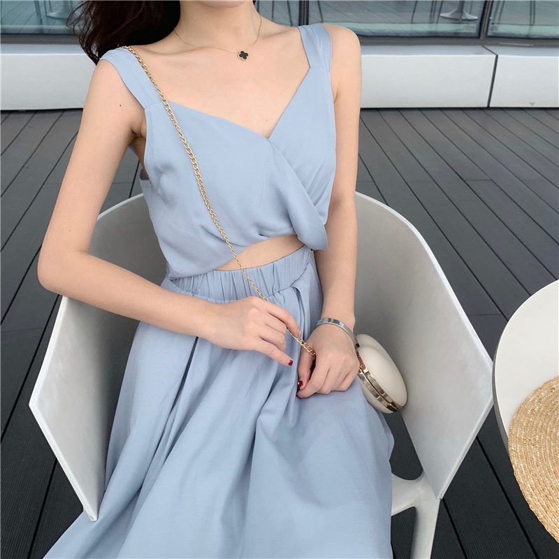 IELGYÁo Đầm Lửng Không Tay Cổ Chữ V Màu Trơn Có Khóa Kéo Thời Trang Cho Nữ