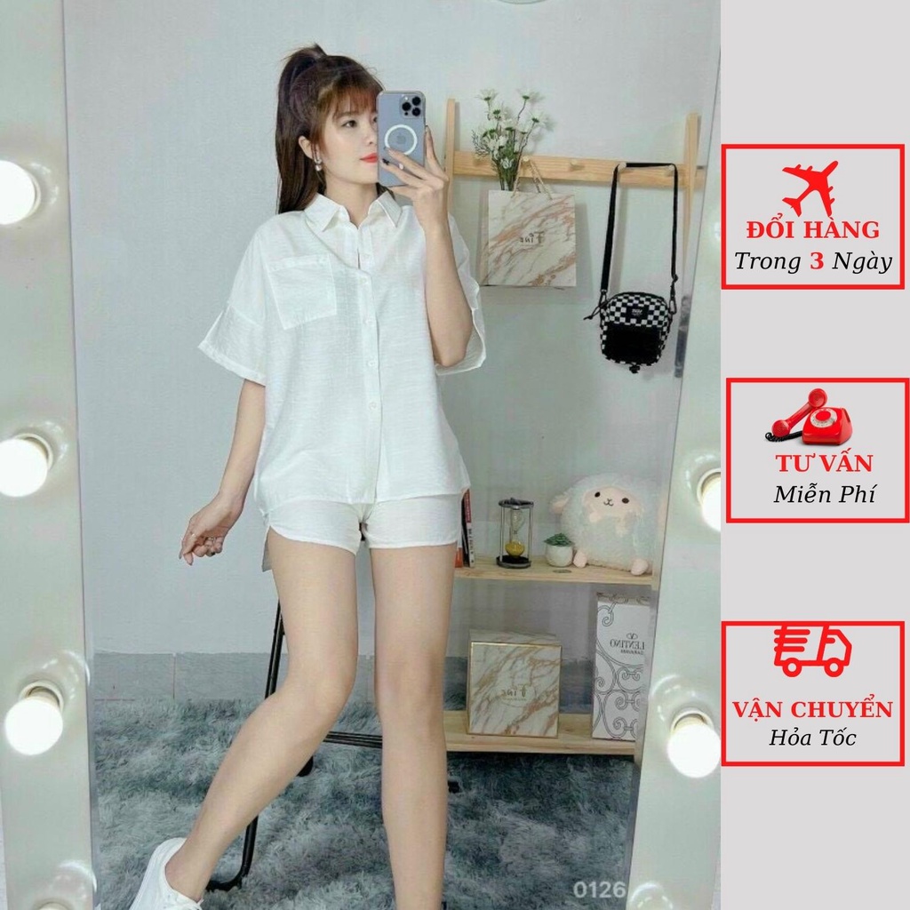 Set áo sơ mi đũi nữ tay ngắn kèm quần short ngắn đi biển du lịch ulzzang Hàn Quốc