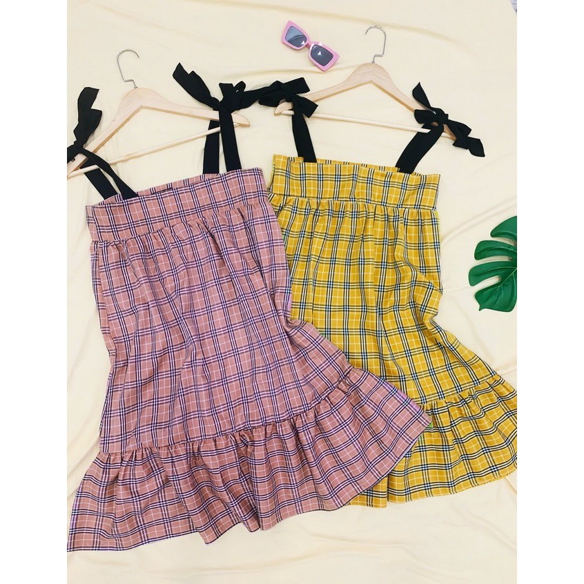 Đầm babydoll caro sọc dài qua gối form rộng dễ thương hàng thiết kế cao câp (có nhiều size)