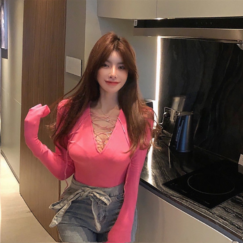 IELGY Áo Thun Nữ Dài Tay Cổ Chữ V Ôm Dáng Phong Cách retro Hong Kong