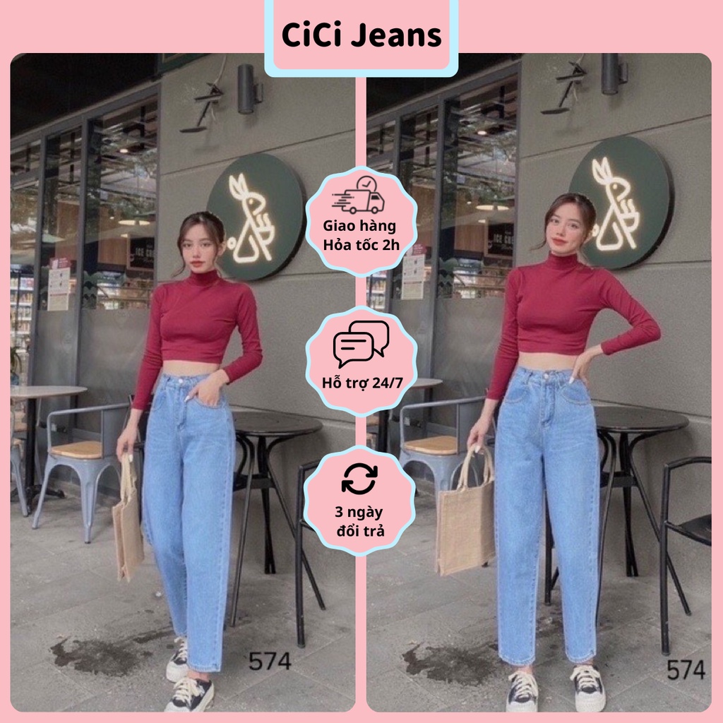 Quần Jean Baggy Nữ Cạp Cao Cici, Quần Bò Baggy Xanh Trơn Co Giãn Hàn Quốc - CiCi Jeans