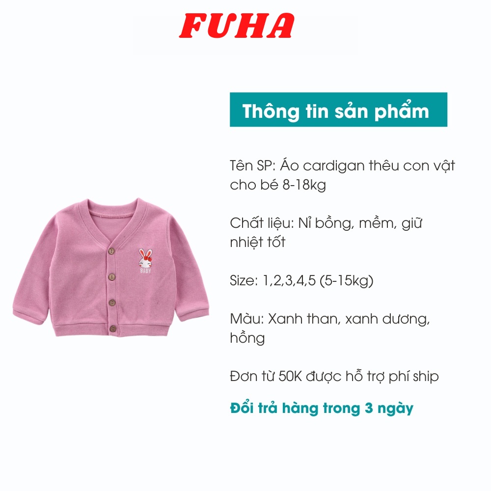 Áo Bomber cho bé FUHA, áo cardigan thêu hình dành cho bé từ 8kg đến 18kg
