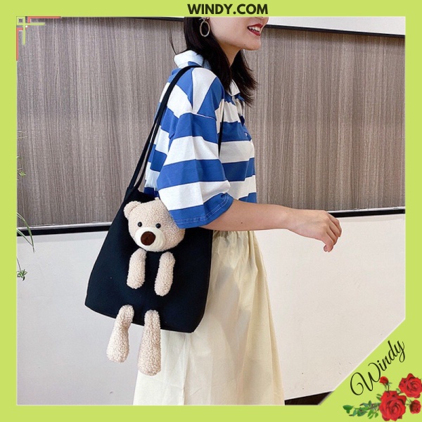 Túi xách vải đi học tặng kèm gấu bông giá học sinh phong cách vintage