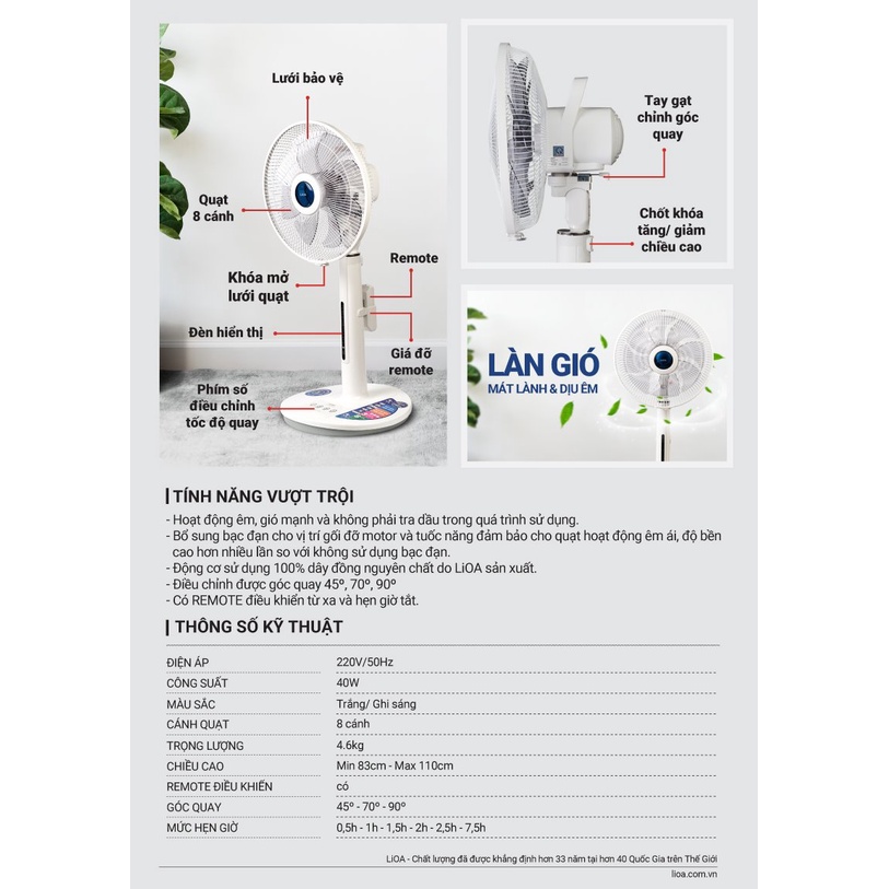 Quạt Lửng LiOA QL-300SWH Có Điều Khiển Cao Cấp Không Cần Tra Dầu, Chạy Êm