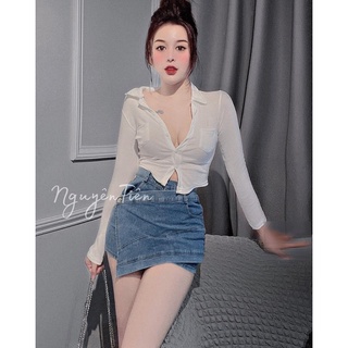 Áo phối túi và chân váy đắp chéo