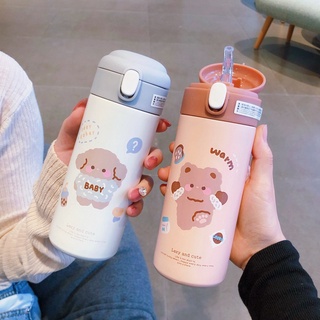 Bình đựng nước giữ nhiệt kèm ống hút họa tiết hoạt hình kiểu Hàn Quốc dễ thương cho học sinh/trẻ em