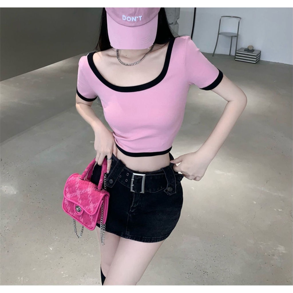 Áo Thun Cổ Chữ u Màu Hồng Thời Trang Mùa Hè Dễ Phối Đồ