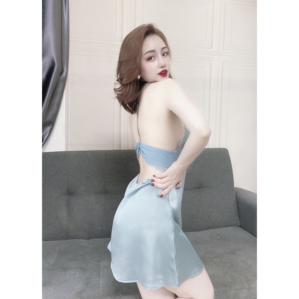 Váy Ngủ Lụa Satin Chữ T Cao Cấp Kèm Quần Chip Đồ Ngủ Sexy Babi mama - BV03