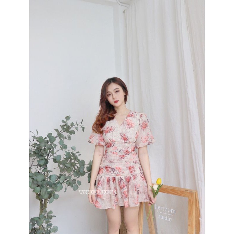 Đầm thiết kế WONDERHOUSE cổ tim nhún bèo voan in hoa công sở, dạo phố nữ tính - Hana dress