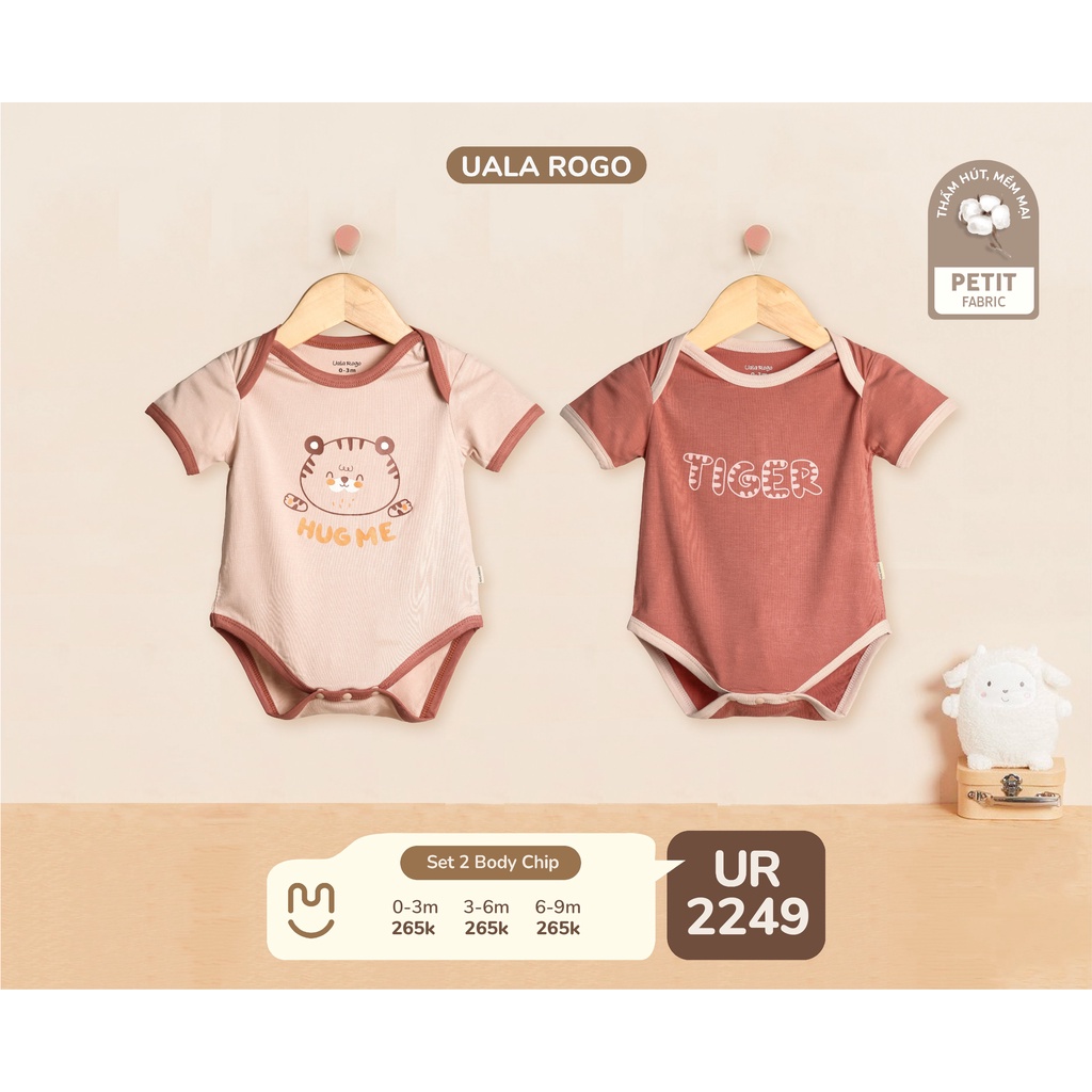 Set 2 body chip Uala Rogo chất vải Petit cao cấp mềm mịn thoáng mát ngắn tay in hổ tiger cho bé trai bé gái sơ sinh 2249