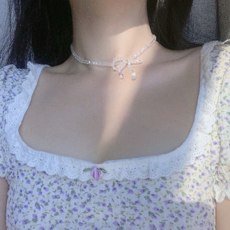 Chocker vòng cổ dây chuyền nữ đá pha lê thắt nơ dễ thương