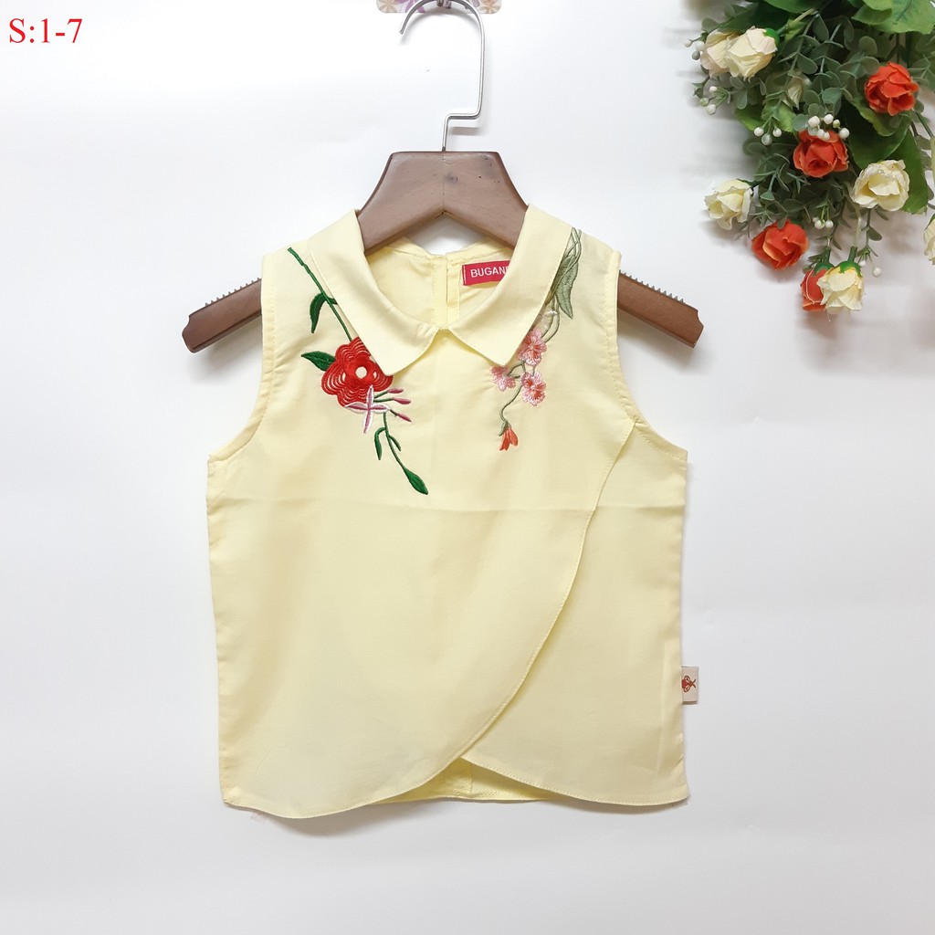 H220 - Áo sát nách dành cho bé gái , cổ áo sơ mi , thêu hoa văn dễ thương ,nhiều màu , made in vietnam.