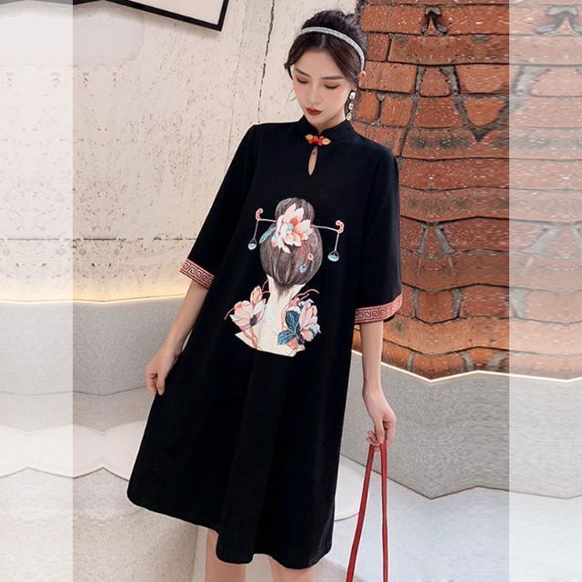 Đầm Sườn Xám Cách Tân Tay Ngắn Plus Size M-5Xl Phong Cách Retro Trung Hoa