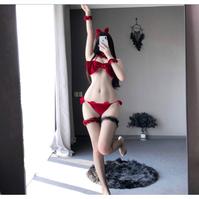 👙❣️ Bộ cosplay thỏ nơ ngực sexy quyến rũ kèm chip đuôi thỏ đủ phụ kiện màu đỏ/ đen M10