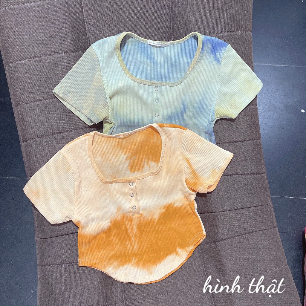 Áo kiểu croptop body tà nhọn cài nút trước phối màu loang xinh , chất thun gân mềm mịn