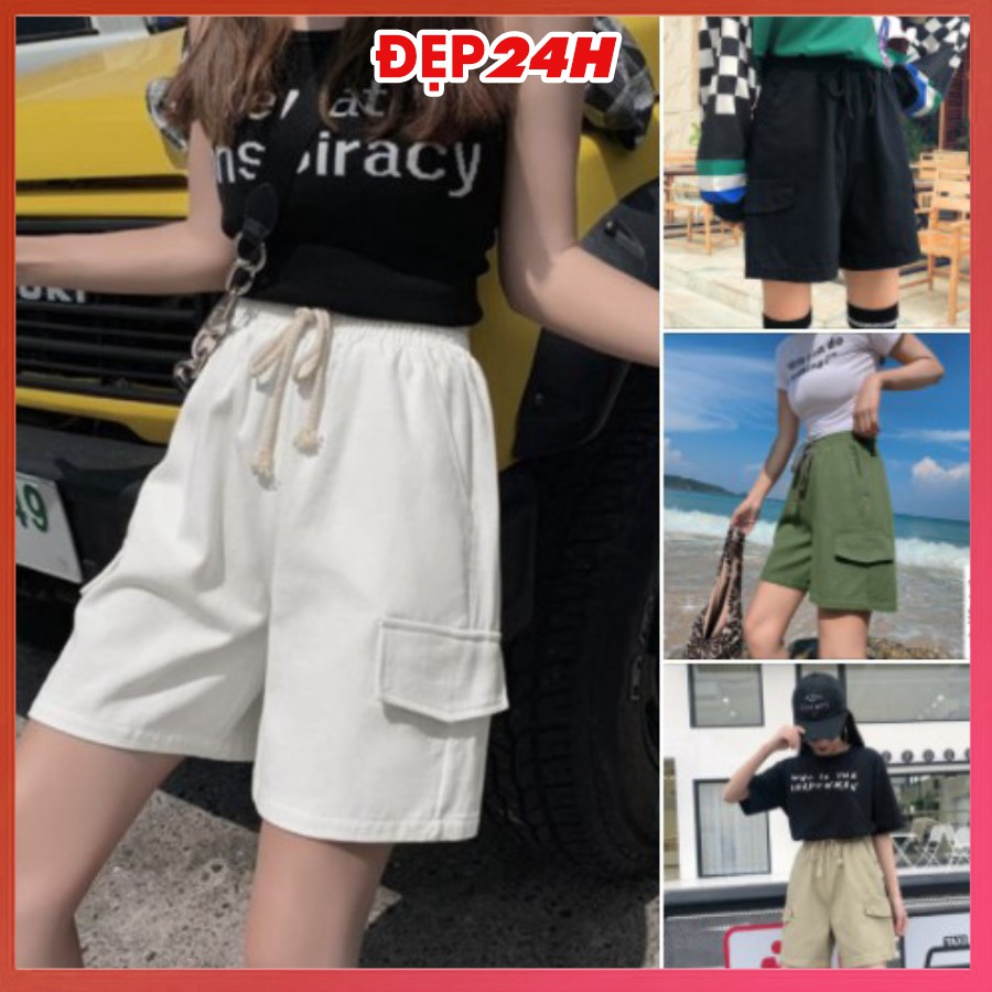 Quần short kaki nam nữ có nắp túi, quần đùi unisex Đẹp 24 giờ, ống rộng thoải mái, nhiều màu sắc QH.50