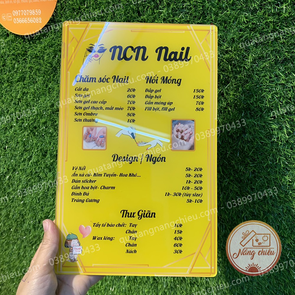 Menu cho tiệm nail, móng, nối mi, thẩm mỹ viện, chất liệu mica in và thiết kế theo yêu cầu của khách hàng