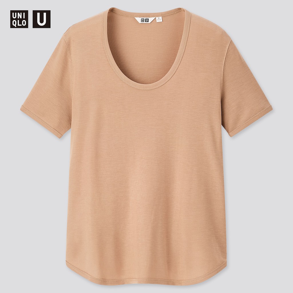 (UNIQLO Nhật chính hãng) NỮ - Áo thun dòng U ngắn tay cổ tròn sâu U Woman Ribbed Round T shirt