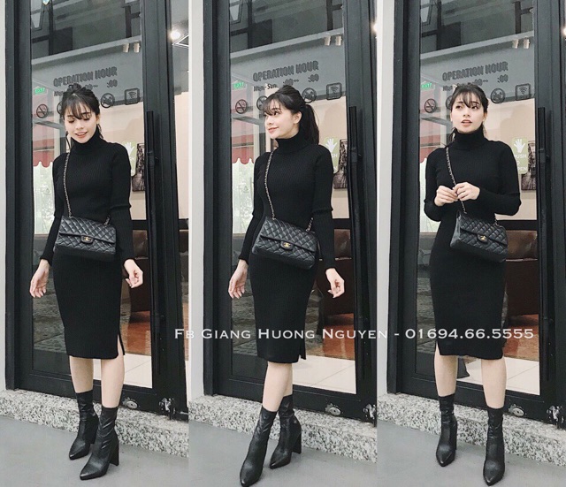 ĐẦM LEN CỔ CAO xẻ tà 1 bên