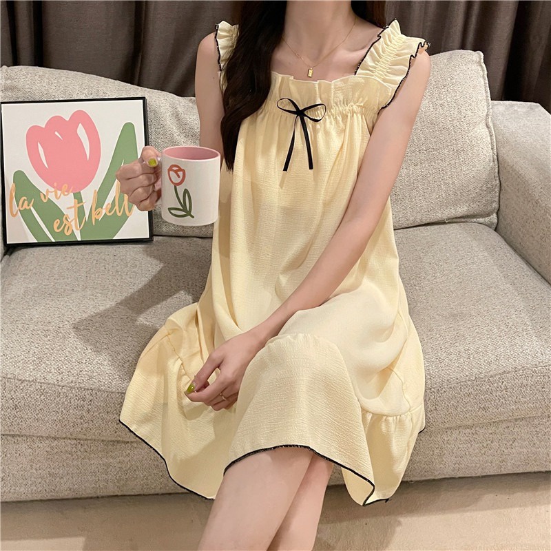 Đầm Ngủ Cotton Hai Dây  Ngực Màu Trơn Thời Trang Mùa Hè Hàn Quốc Dễ Thương