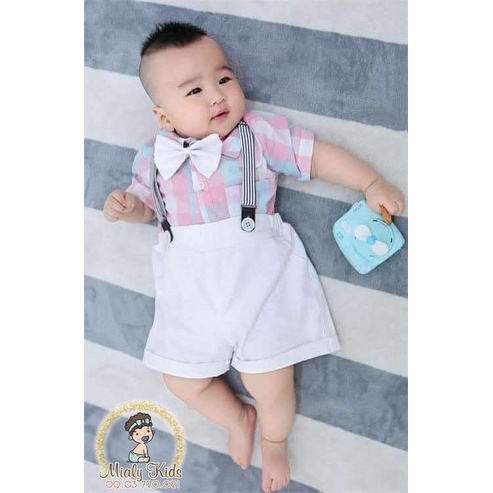 Set yếm và áo caro xanh hồng (6-21Kg) phù hợp chụp ảnh, thôi nôi cho bé trai - Vải thoáng mát cho bé hoạt động