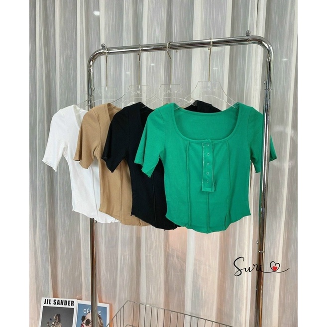 Áo thun borip núc bấm chiết eo tay ngắn