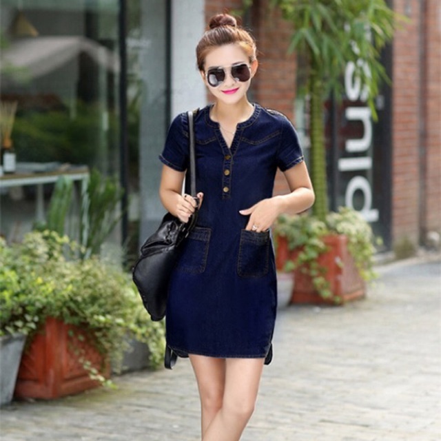 Đầm jean cổ trụ dạo phố hoặc công sở phối túi bao xinh