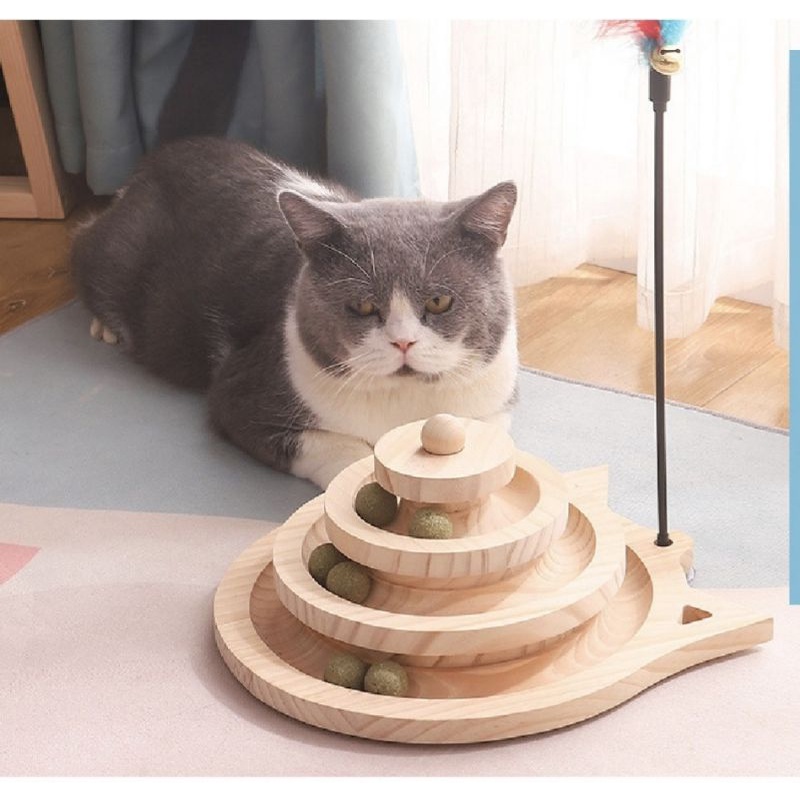 Tháp bóng gỗ- đồ chơi cho mèo- Bàn cào gỗ- đồ chơi mèo- cần câu mèo