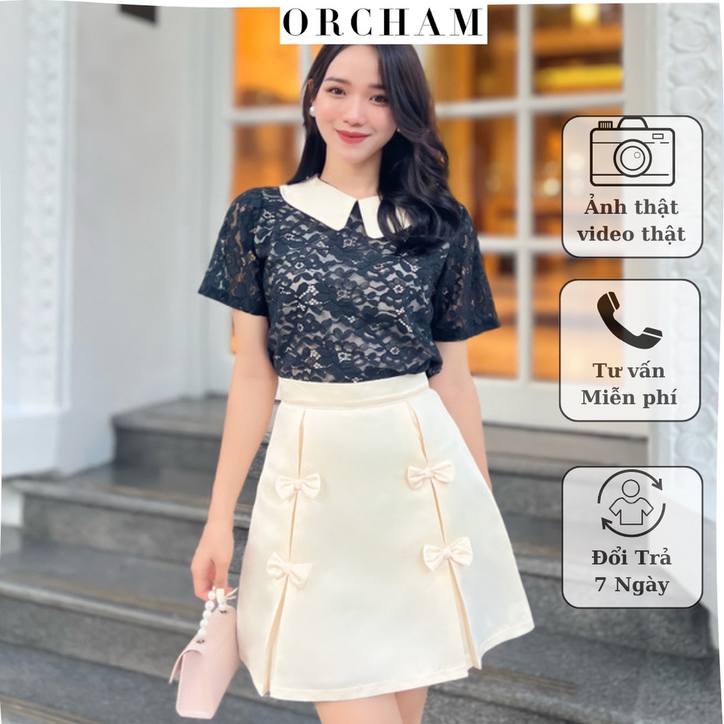 Set đồ nữ chân váy nơ chữ A, áo ren cổ sen thiết kế trẻ trung sang trọng mặc đi làm dự tiệc dạo phố hẹn hò - ORCHAM