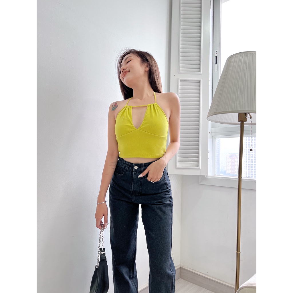 Áo croptop cổ yếm cột dây khoét ngực sexy chất thun gân co giãn 4 chiều La Boutique