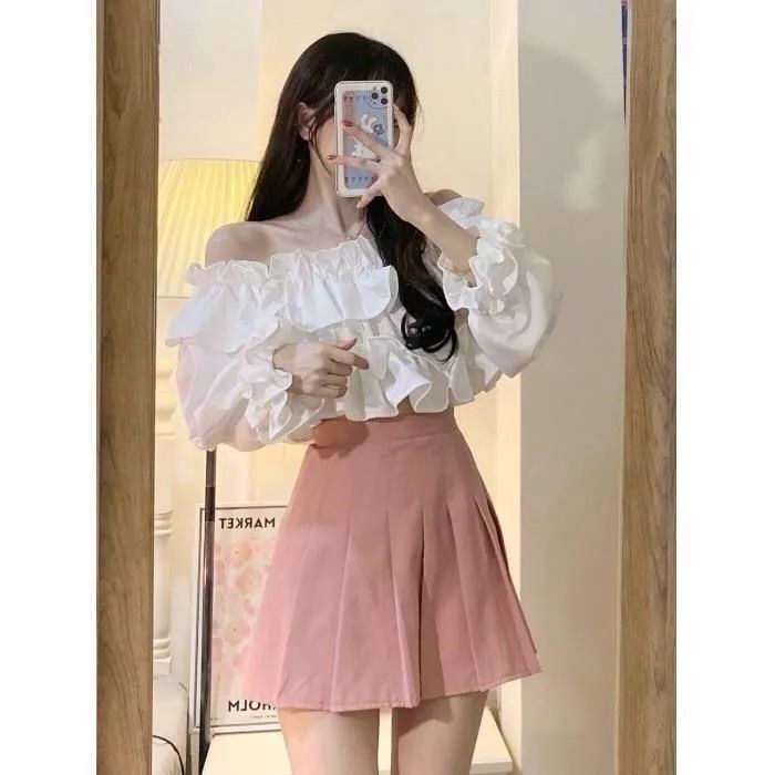 Set Áo Kiểu Vải Voan Tay Phồng Phối Chân Váy Xếp Ly Thời Trang Hè 2020 Thanh Lịch Cho Nữ Tw