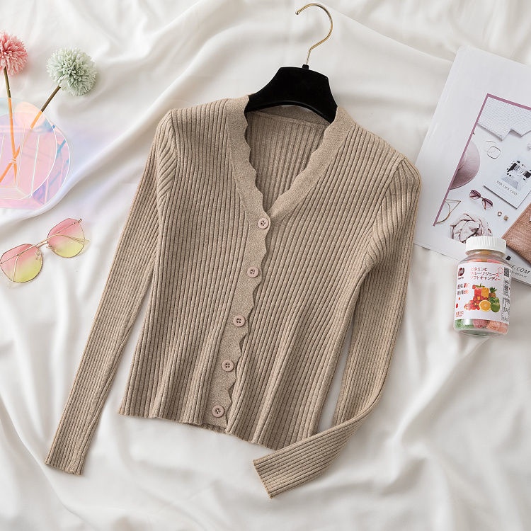 Áo cardigan Dệt Kim Tay Ngắn Cổ Chữ V Màu Trơn Cài Nút Đơn Giản Phong Cách Thời Trang Mùa Thu Mới Dành Cho Nữ