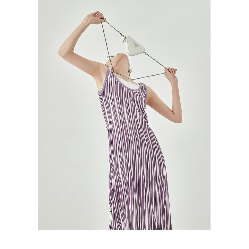 Đầm Dài Hai Dây Dệt Kim Kẻ Sọc Phong Cách Mới Mùa Hè 2023 Cho Nữ