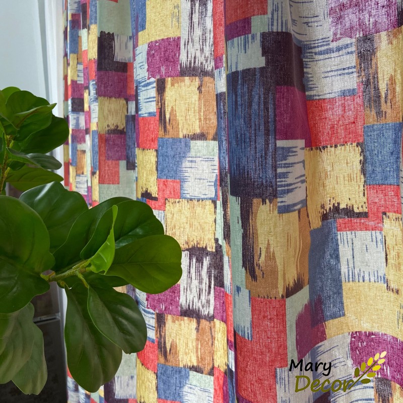 Rèm cửa sổ vải bố linen trang trí nhà cửa cực đẹp, giá tốt - hình khối sắc màu R-A05